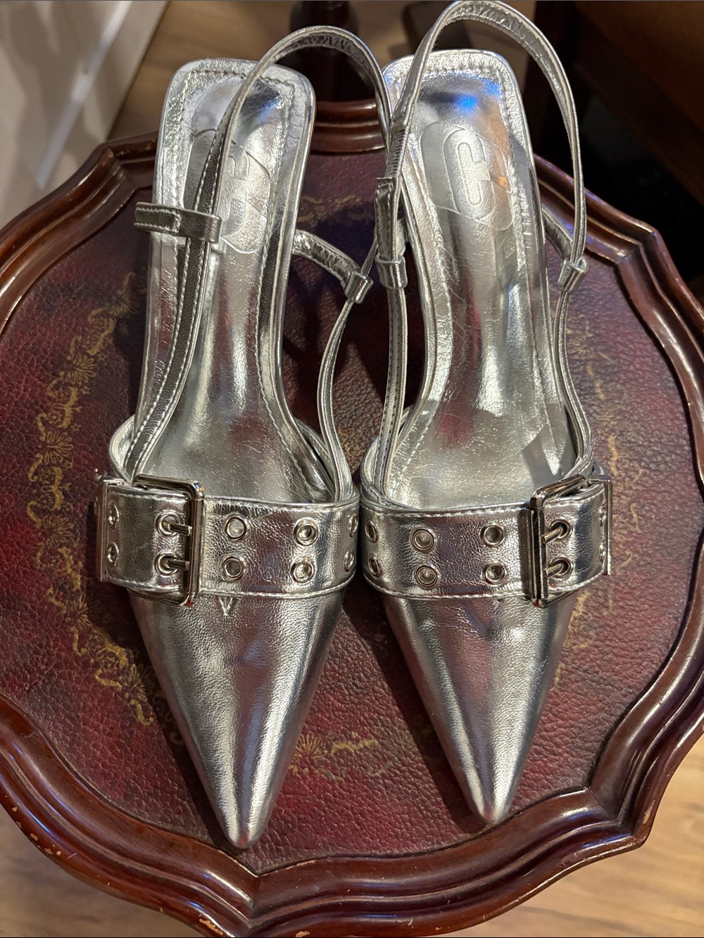 Silver kitten heels with buckle